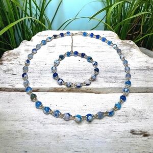 Handcrafted Blue & White Glass Bead Necklace and Bracelet Set